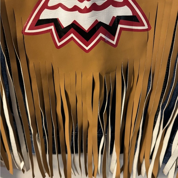 Thunderbird Print Jean Jacket Vegan Leather Fringe Colorful Eagle Western Boho - Picture 4 of 15